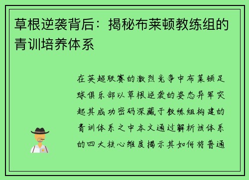 草根逆袭背后：揭秘布莱顿教练组的青训培养体系